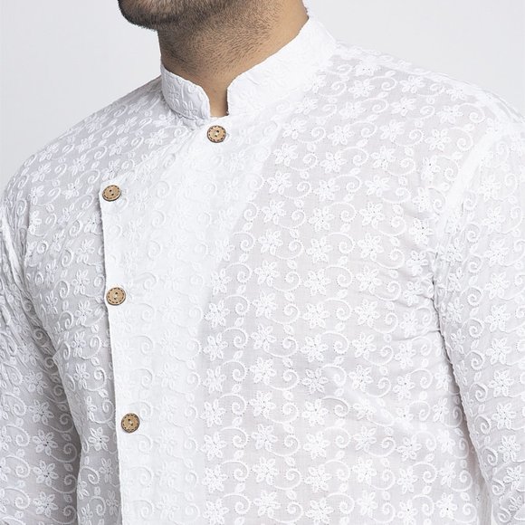 Designer White Cotton Chikankari Lucknowi Jaal Embroidered Kurta for Men - Picture 5 of 6
